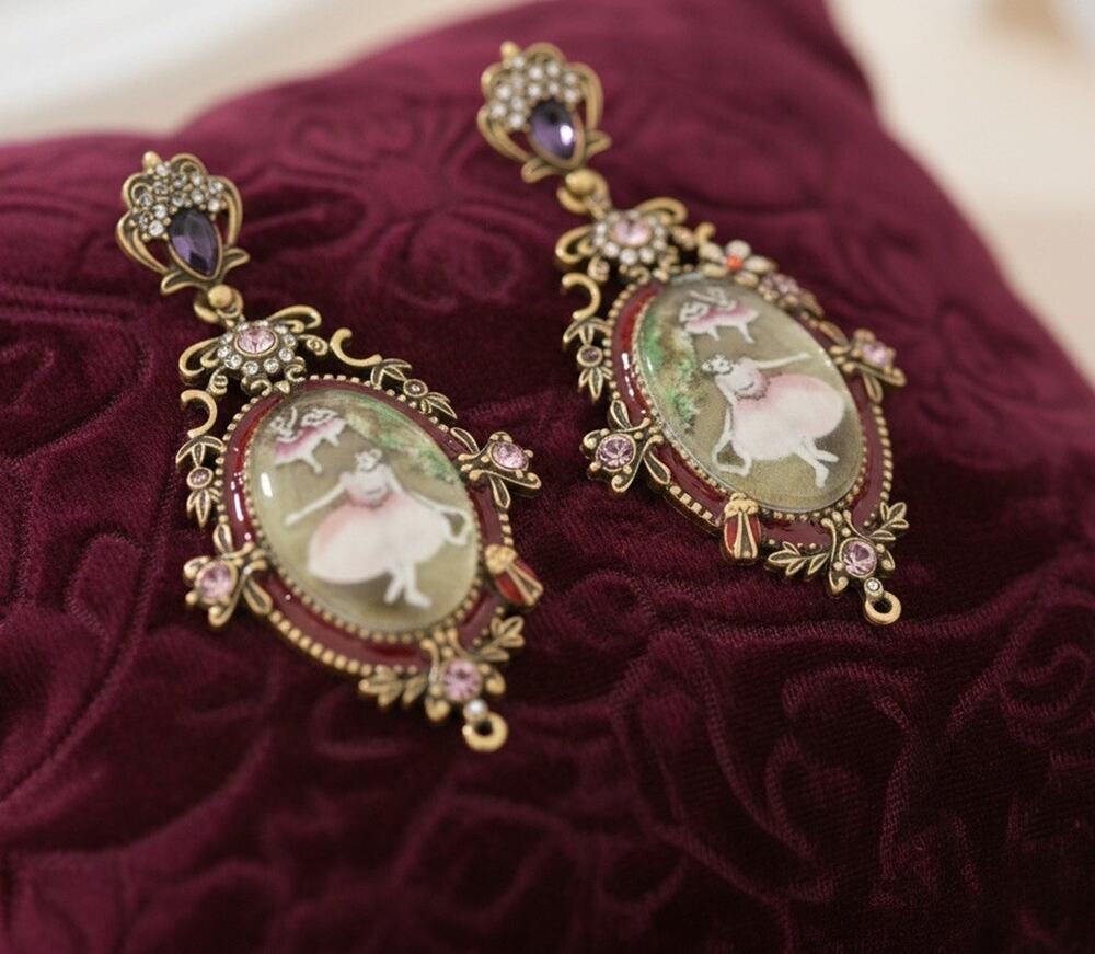 Museum Ballerina Earrings VTG Flower Palace Gold Court Pearl Art CZ Dance Boho